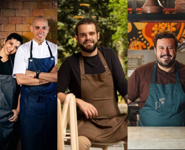 Os chefs Lisiane Arouca e Fabrício Lemos (à esquerda) recebem Cesar Costa (centro) e Caio Soter para jantar especial