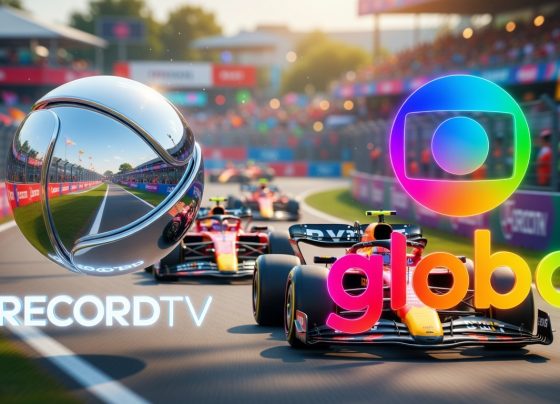 Logo da Record e da Globo lado a lado com o fundo em uma corrida de Fórmula 1