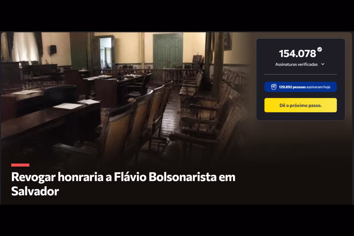 Abaixo-assinado contra título de cidadão de Salvador a Flávio Bolsonaro supera 150 mil assinaturas