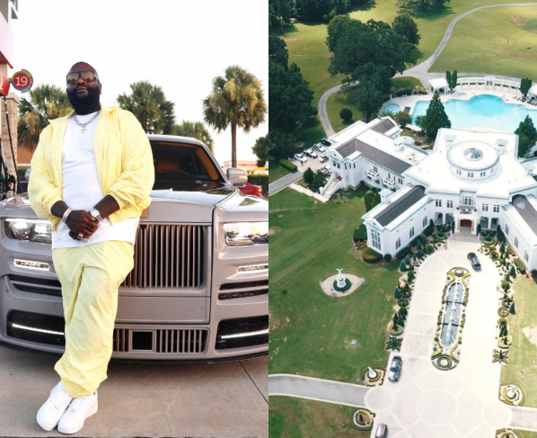 Rick Ross é um rapper, no seu carro e ao lado sua fazenda incrível