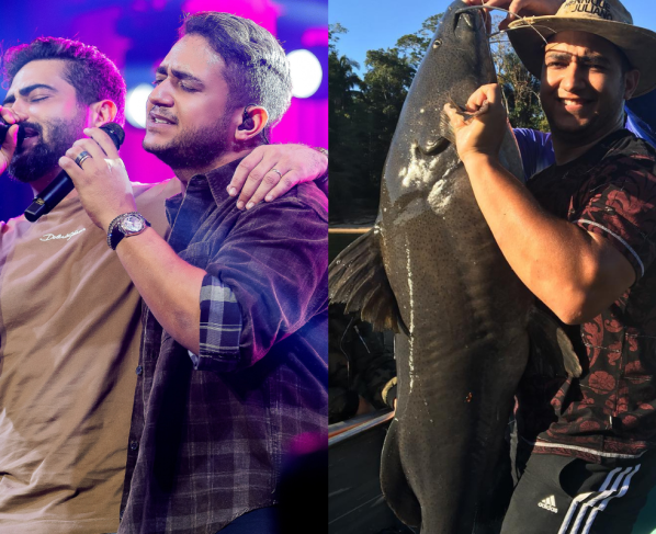A dupla Henrique e Juliano cantando e uma imagem de Henrique com um peixe pescado