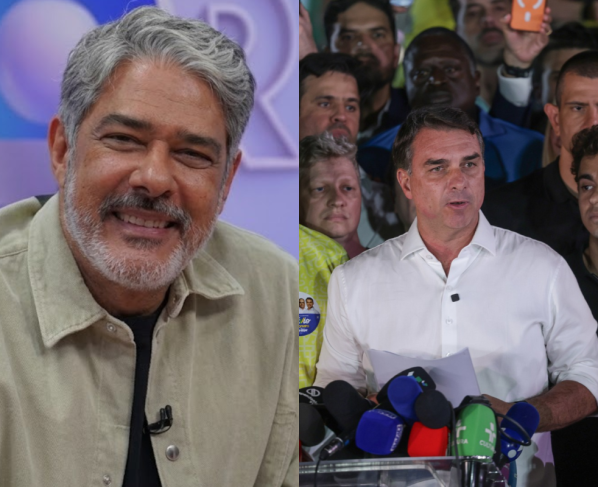 William Bonner sorrindo e Flávio Bolsonaro sério