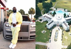 Rick Ross é um rapper, no seu carro e ao lado sua fazenda incrível