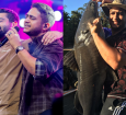 A dupla Henrique e Juliano cantando e uma imagem de Henrique com um peixe pescado